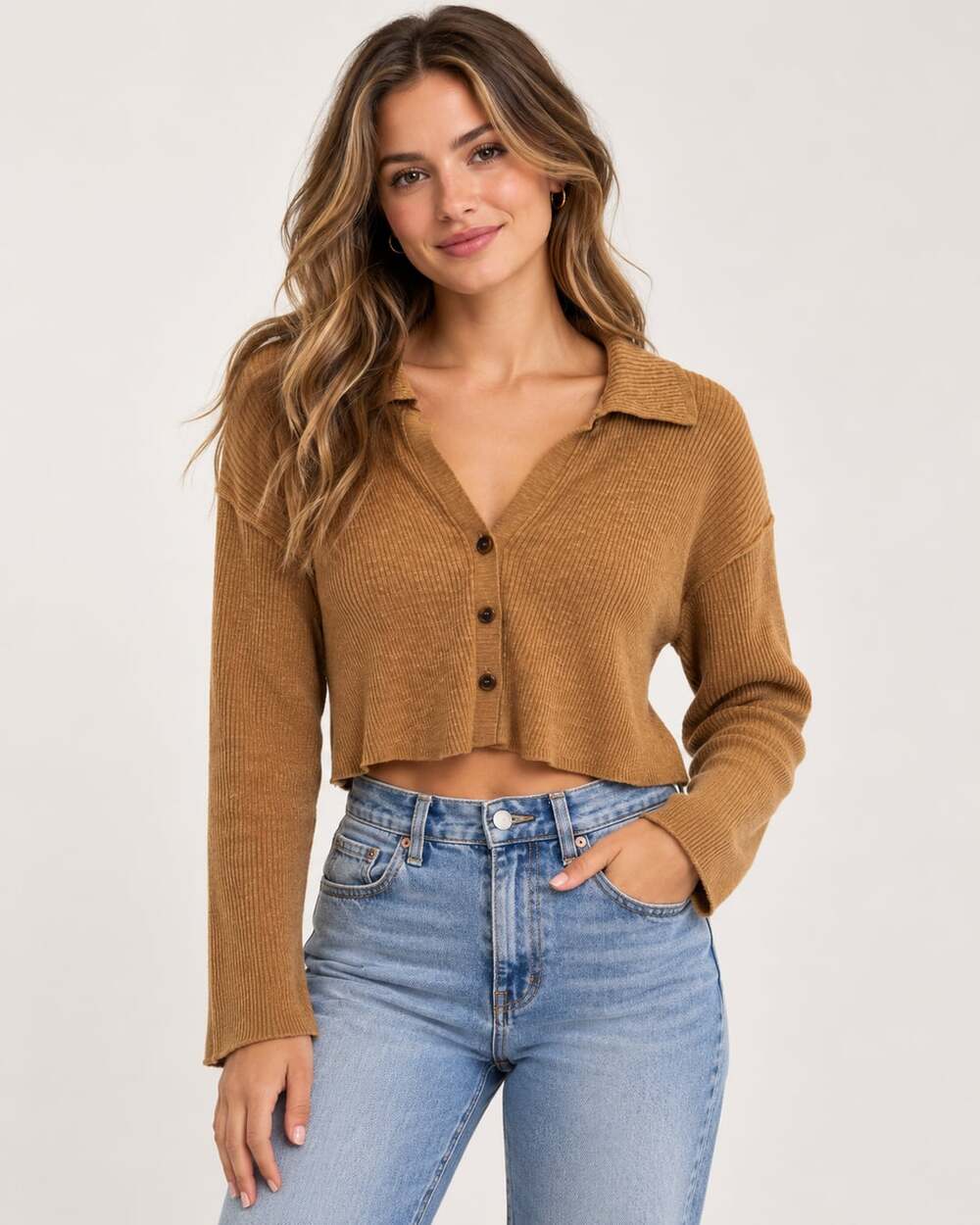 🤎 Free People Camel Ribbed Cropped Henley Sweater | Size Small